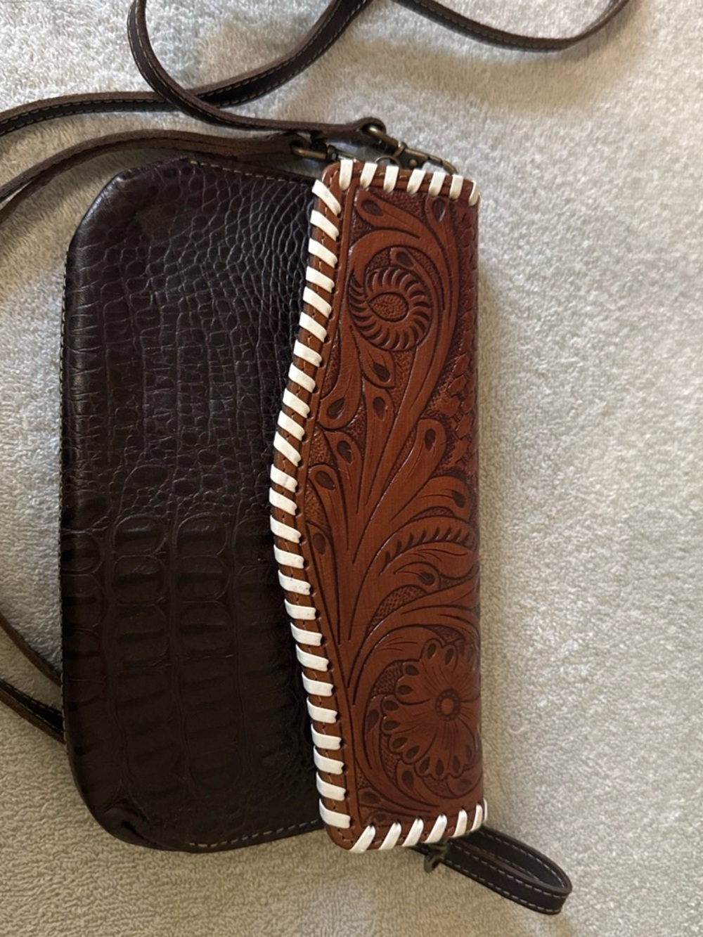 Brown Tooled Leather Crossbody Bag with Dark Brown Croc Texture